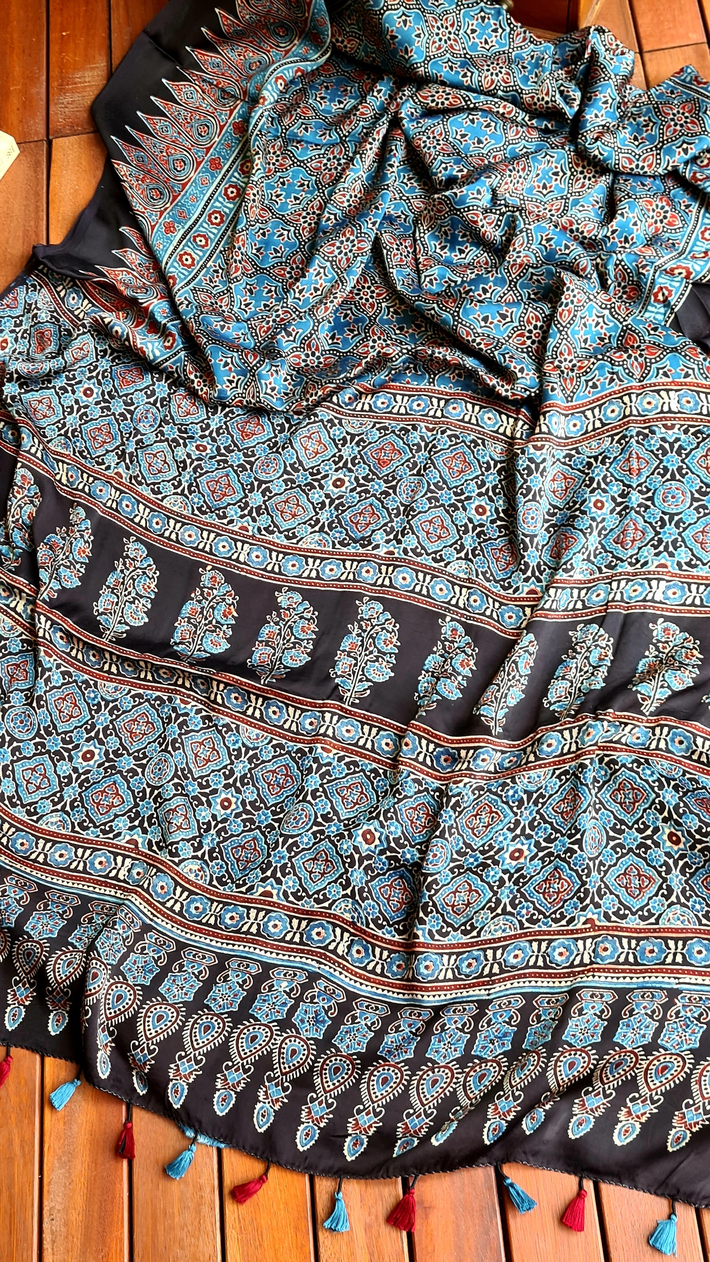 Zynah Pure Modal Silk Ajrakh Saree with Handblock Prints; Custom Stitched/Ready-made Blouse, Fall, Petticoat; Shipping available USA, Worldwide