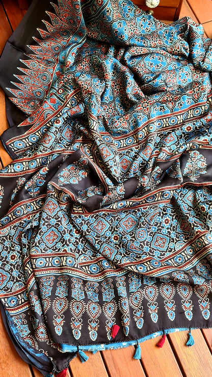 Zynah Pure Modal Silk Ajrakh Saree with Handblock Prints; Custom Stitched/Ready-made Blouse, Fall, Petticoat; Shipping available USA, Worldwide