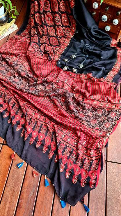 Zynah Pure Modal Silk Ajrakh Saree with Handblock Prints & Mukaish Hand-work; Custom Stitched/Ready-made Blouse, Fall, Petticoat; Shipping available USA, Worldwide