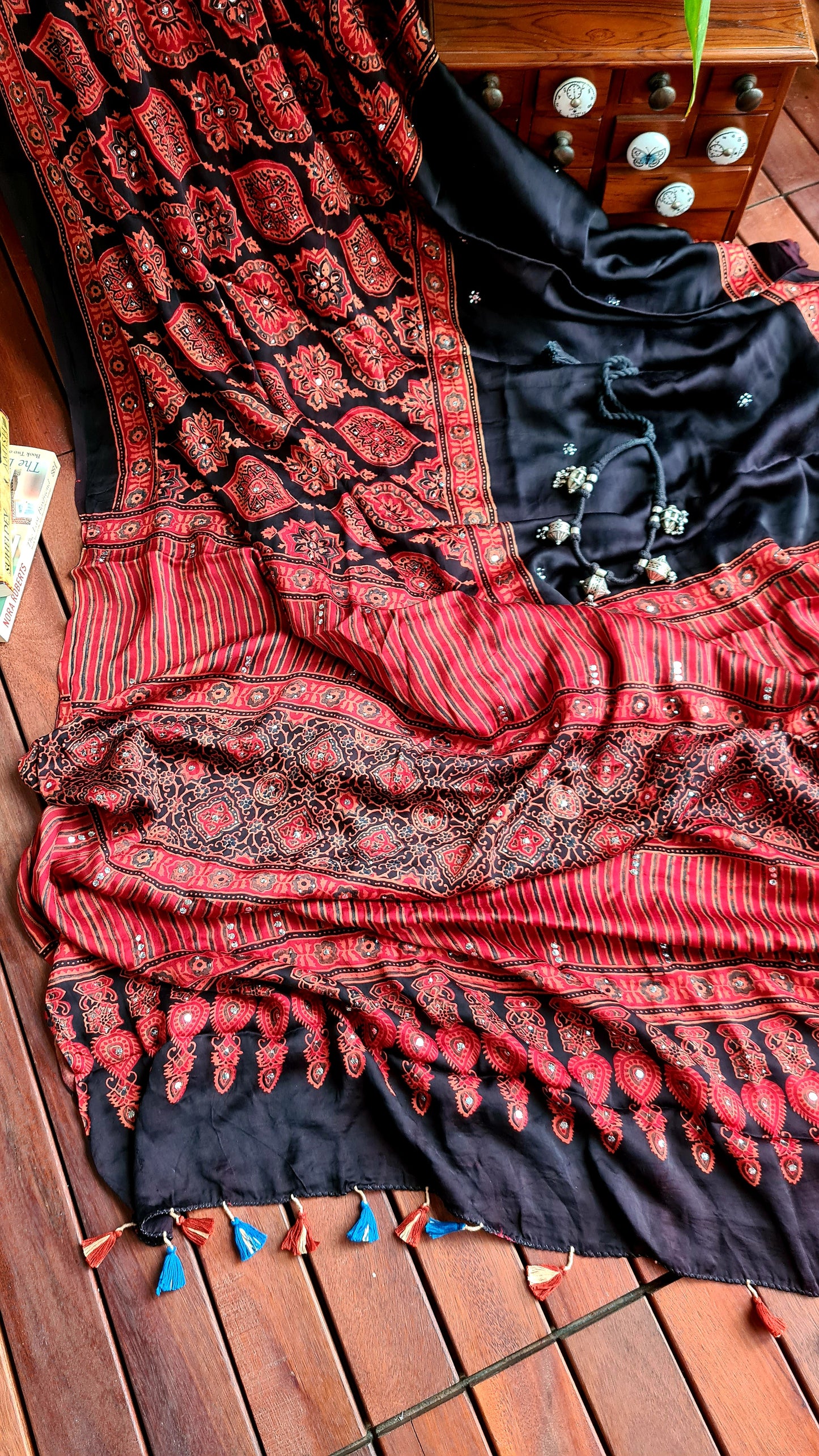 Zynah Pure Modal Silk Ajrakh Saree with Handblock Prints & Mukaish Hand-work; Custom Stitched/Ready-made Blouse, Fall, Petticoat; Shipping available USA, Worldwide