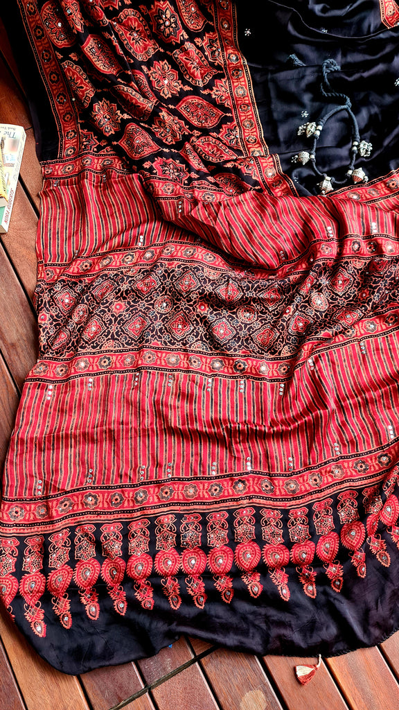 Zynah Pure Modal Silk Ajrakh Saree with Handblock Prints & Mukaish Hand-work; Custom Stitched/Ready-made Blouse, Fall, Petticoat; Shipping available USA, Worldwide
