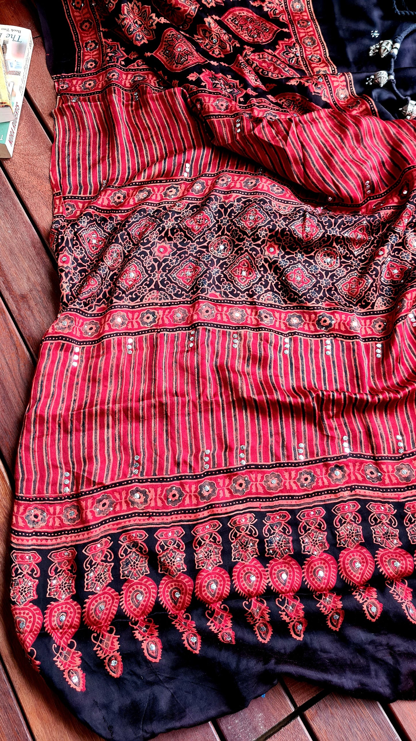 Zynah Pure Modal Silk Ajrakh Saree with Handblock Prints & Mukaish Hand-work; Custom Stitched/Ready-made Blouse, Fall, Petticoat; Shipping available USA, Worldwide