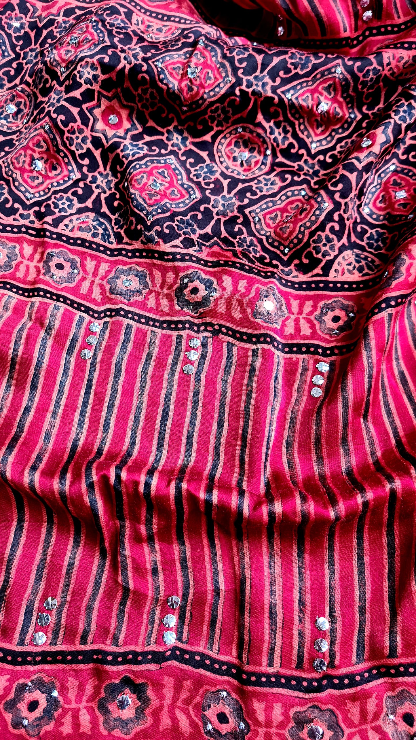 Zynah Pure Modal Silk Ajrakh Saree with Handblock Prints & Mukaish Hand-work; Custom Stitched/Ready-made Blouse, Fall, Petticoat; Shipping available USA, Worldwide