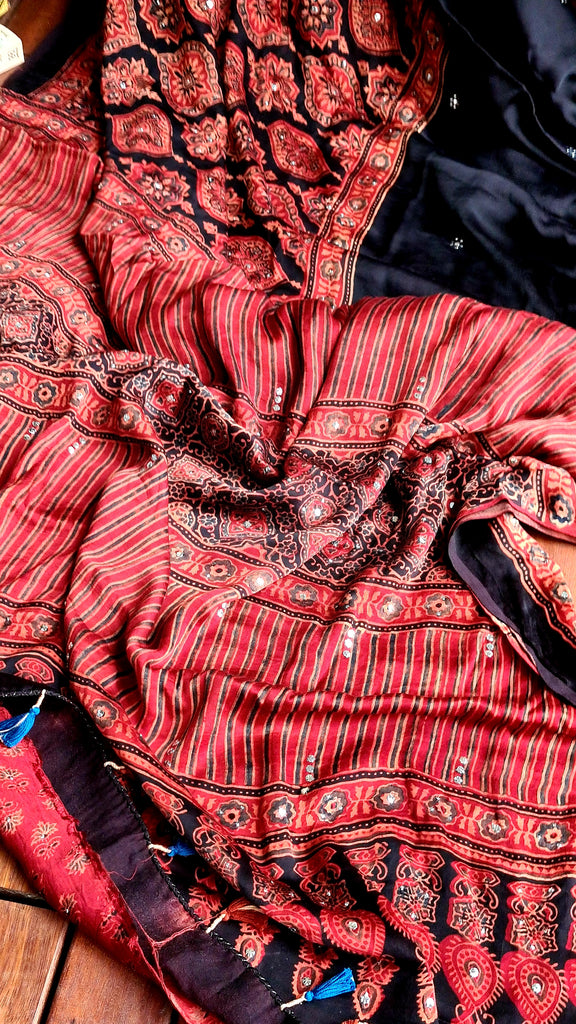 Zynah Pure Modal Silk Ajrakh Saree with Handblock Prints & Mukaish Hand-work; Custom Stitched/Ready-made Blouse, Fall, Petticoat; Shipping available USA, Worldwide