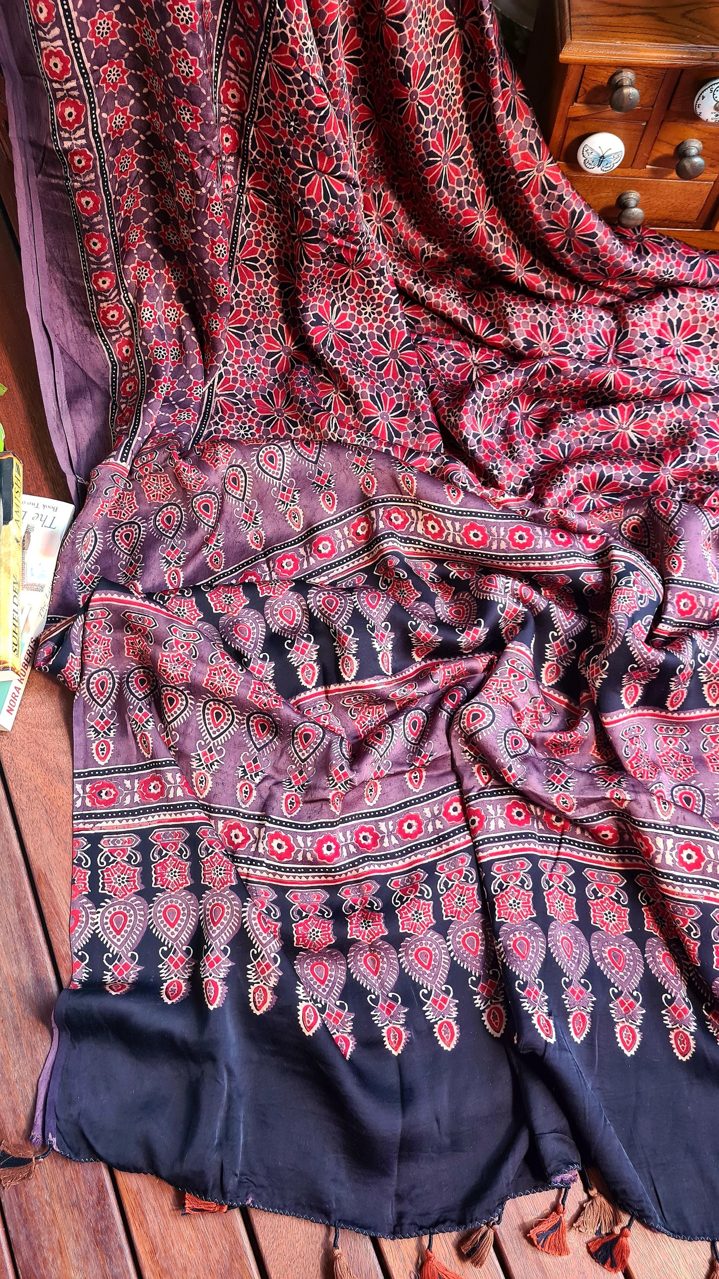 Zynah Pure Modal Silk Ajrakh Saree with Handblock Prints; Custom Stitched/Ready-made Blouse, Fall, Petticoat; Shipping available USA, Worldwide