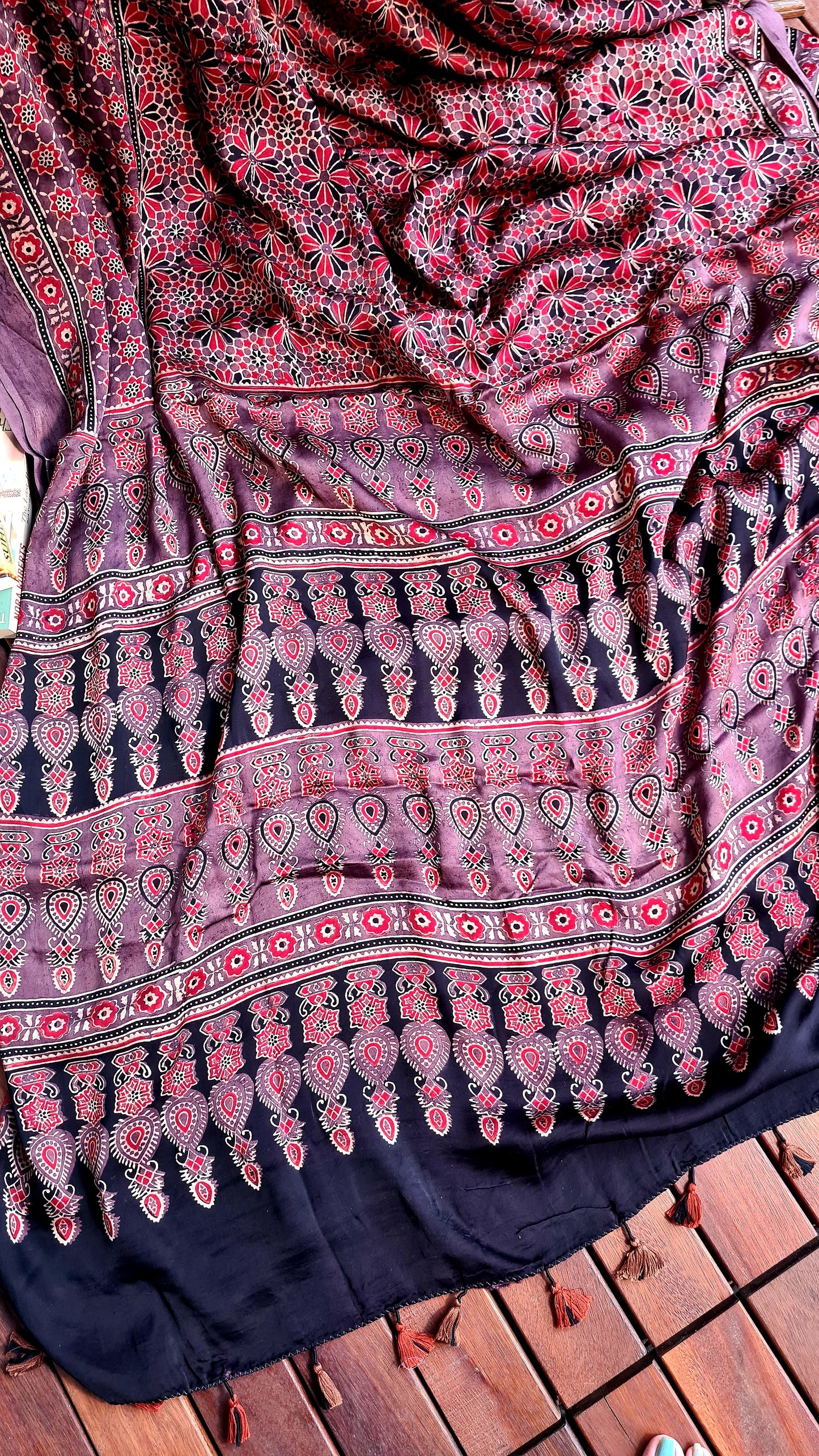 Zynah Pure Modal Silk Ajrakh Saree with Handblock Prints; Custom Stitched/Ready-made Blouse, Fall, Petticoat; Shipping available USA, Worldwide