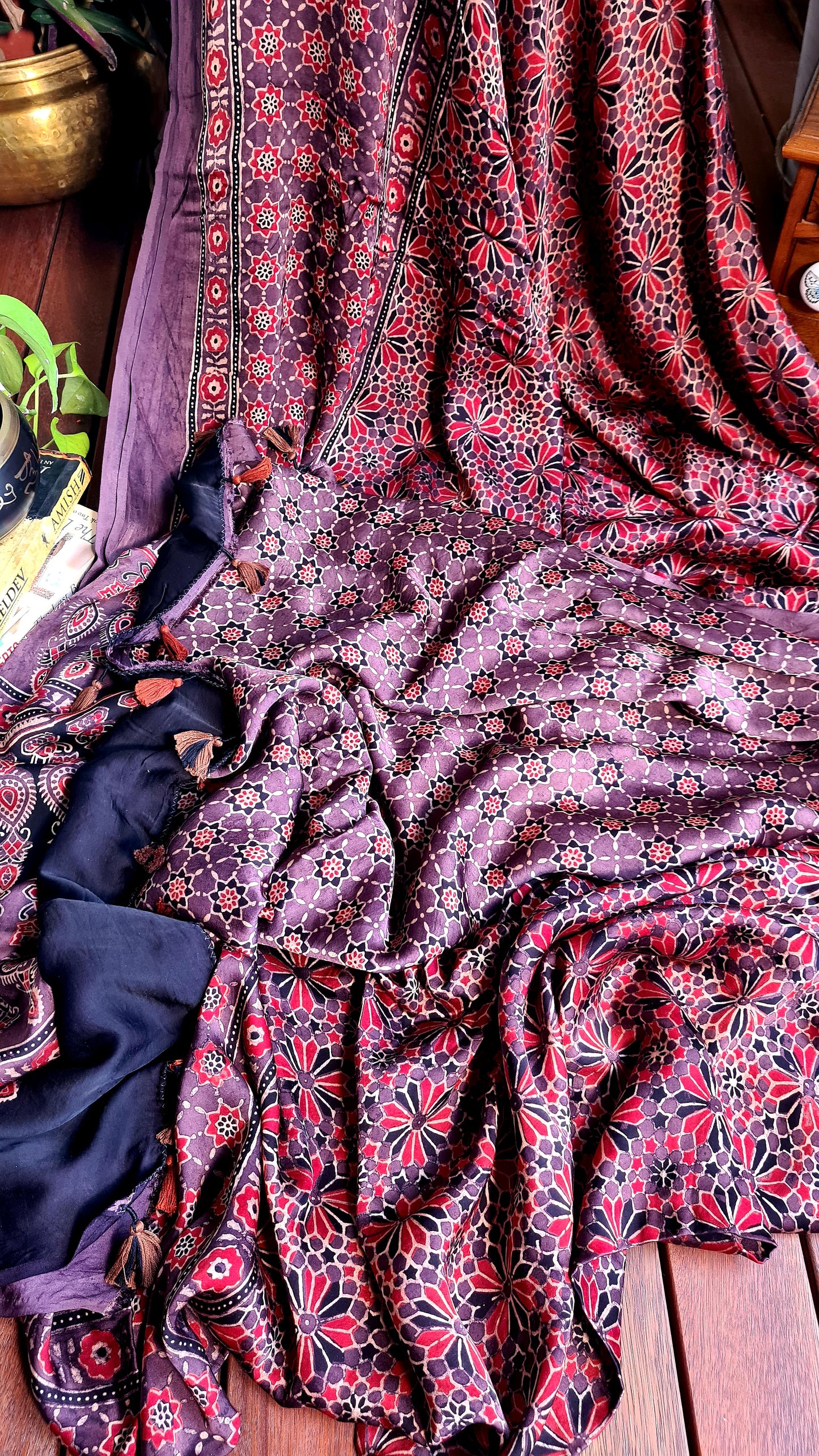 Zynah Pure Modal Silk Ajrakh Saree with Handblock Prints; Custom Stitched/Ready-made Blouse, Fall, Petticoat; Shipping available USA, Worldwide