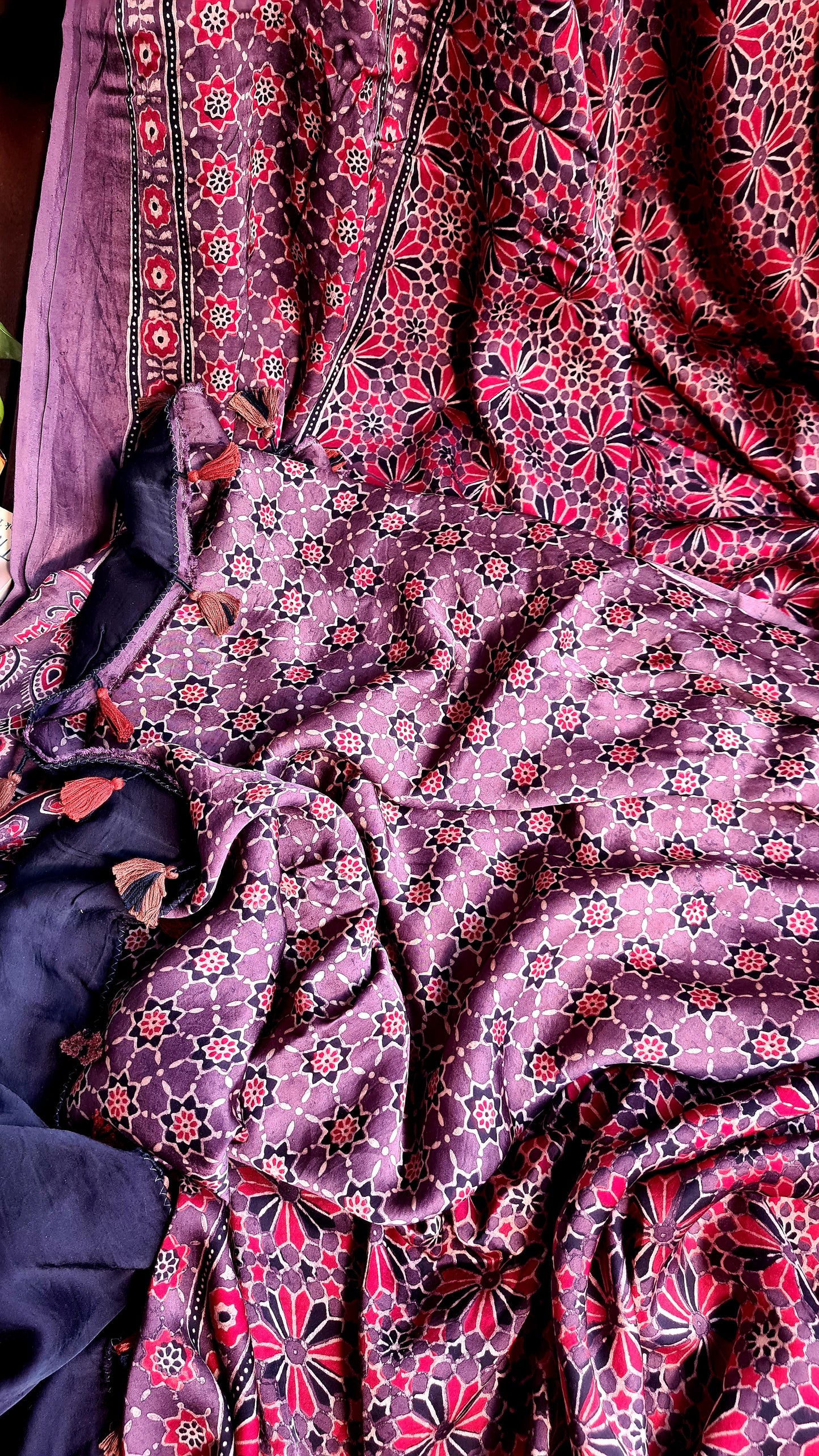 Zynah Pure Modal Silk Ajrakh Saree with Handblock Prints; Custom Stitched/Ready-made Blouse, Fall, Petticoat; Shipping available USA, Worldwide