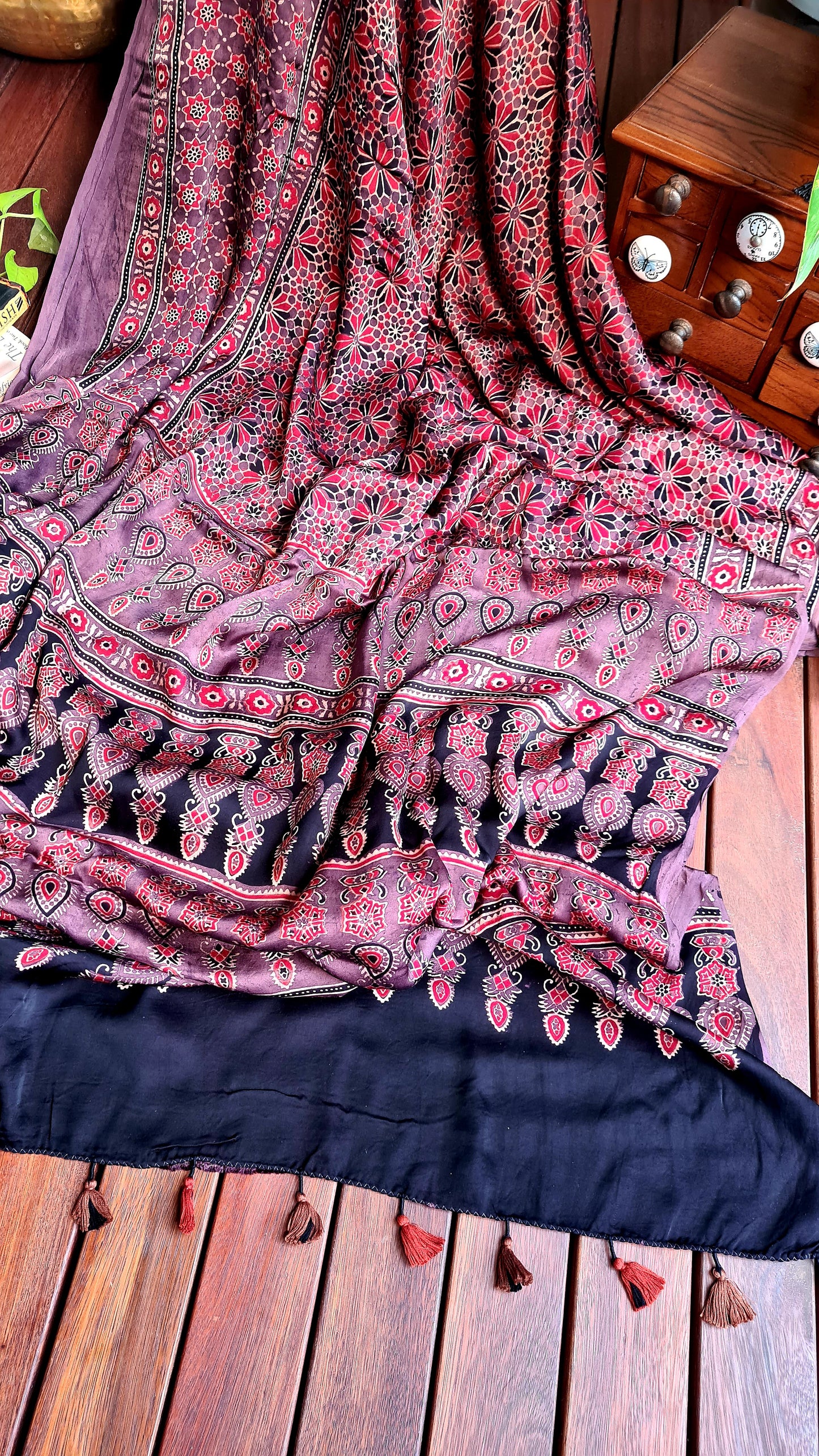 Zynah Pure Modal Silk Ajrakh Saree with Handblock Prints; Custom Stitched/Ready-made Blouse, Fall, Petticoat; Shipping available USA, Worldwide