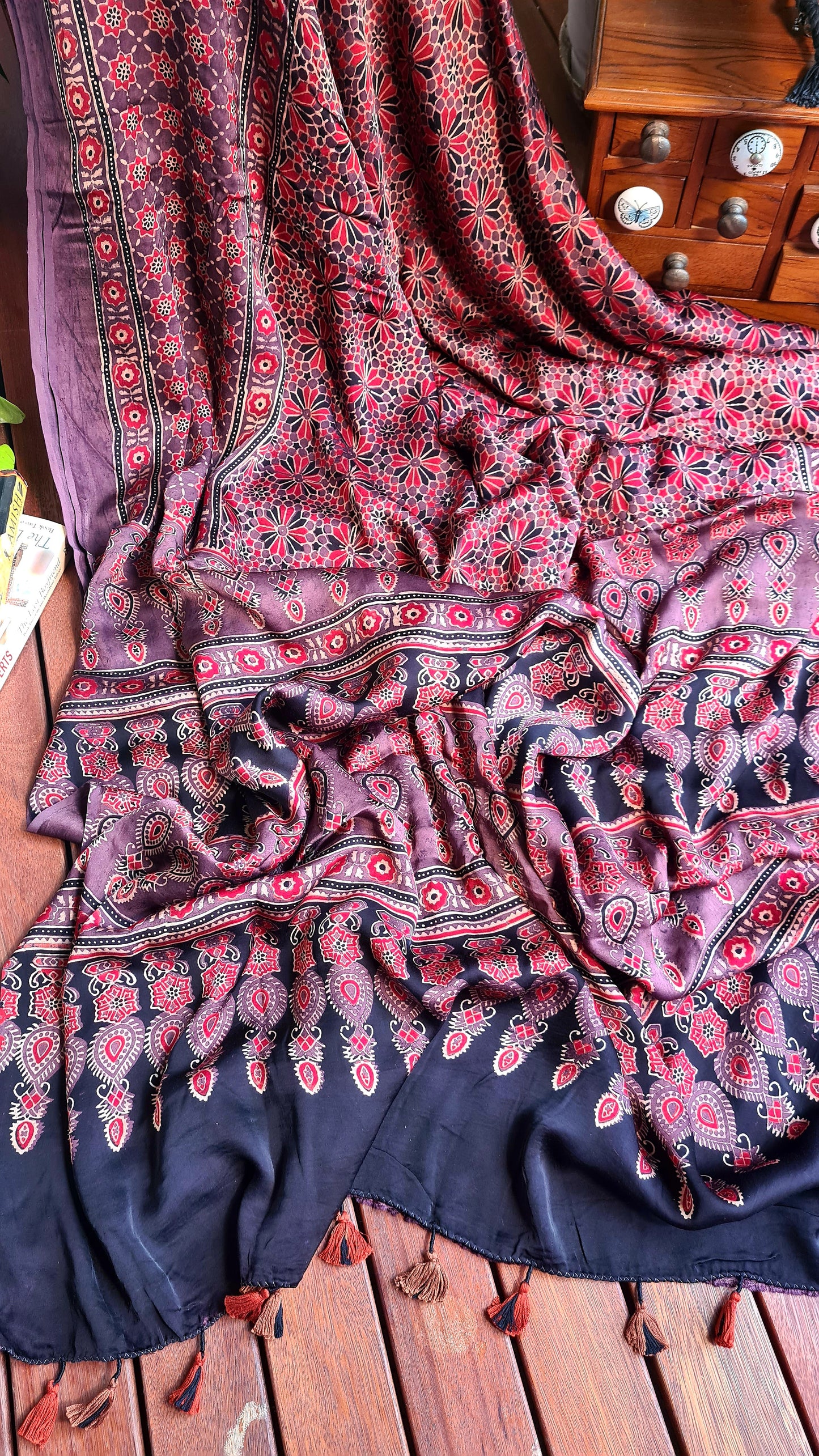 Zynah Pure Modal Silk Ajrakh Saree with Handblock Prints; Custom Stitched/Ready-made Blouse, Fall, Petticoat; Shipping available USA, Worldwide