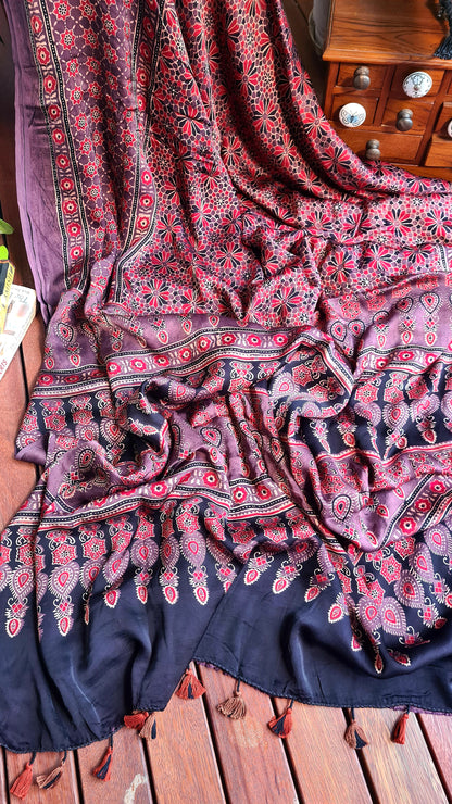 Zynah Pure Modal Silk Ajrakh Saree with Handblock Prints; Custom Stitched/Ready-made Blouse, Fall, Petticoat; Shipping available USA, Worldwide
