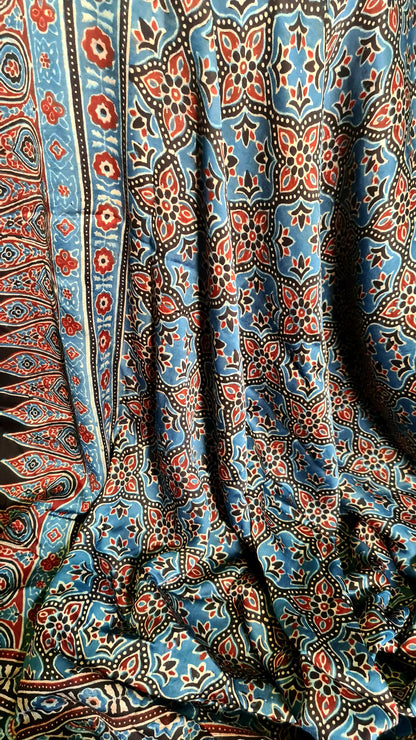 Zynah Pure Modal Silk Ajrakh Saree with Handblock Prints; Custom Stitched/Ready-made Blouse, Fall, Petticoat; Shipping available USA, Worldwide