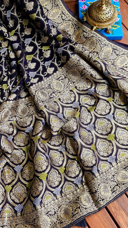 Zynah Pure Khaddi Georgette Saree with Jaal Zari Weave Inspired from Tanishq Jewellery; Custom Stitched/Ready-made Blouse, Fall, Petticoat; Shipping available USA, Worldwide