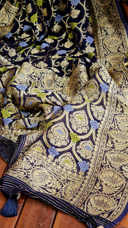 Zynah Pure Khaddi Georgette Saree with Jaal Zari Weave Inspired from Tanishq Jewellery; Custom Stitched/Ready-made Blouse, Fall, Petticoat; Shipping available USA, Worldwide