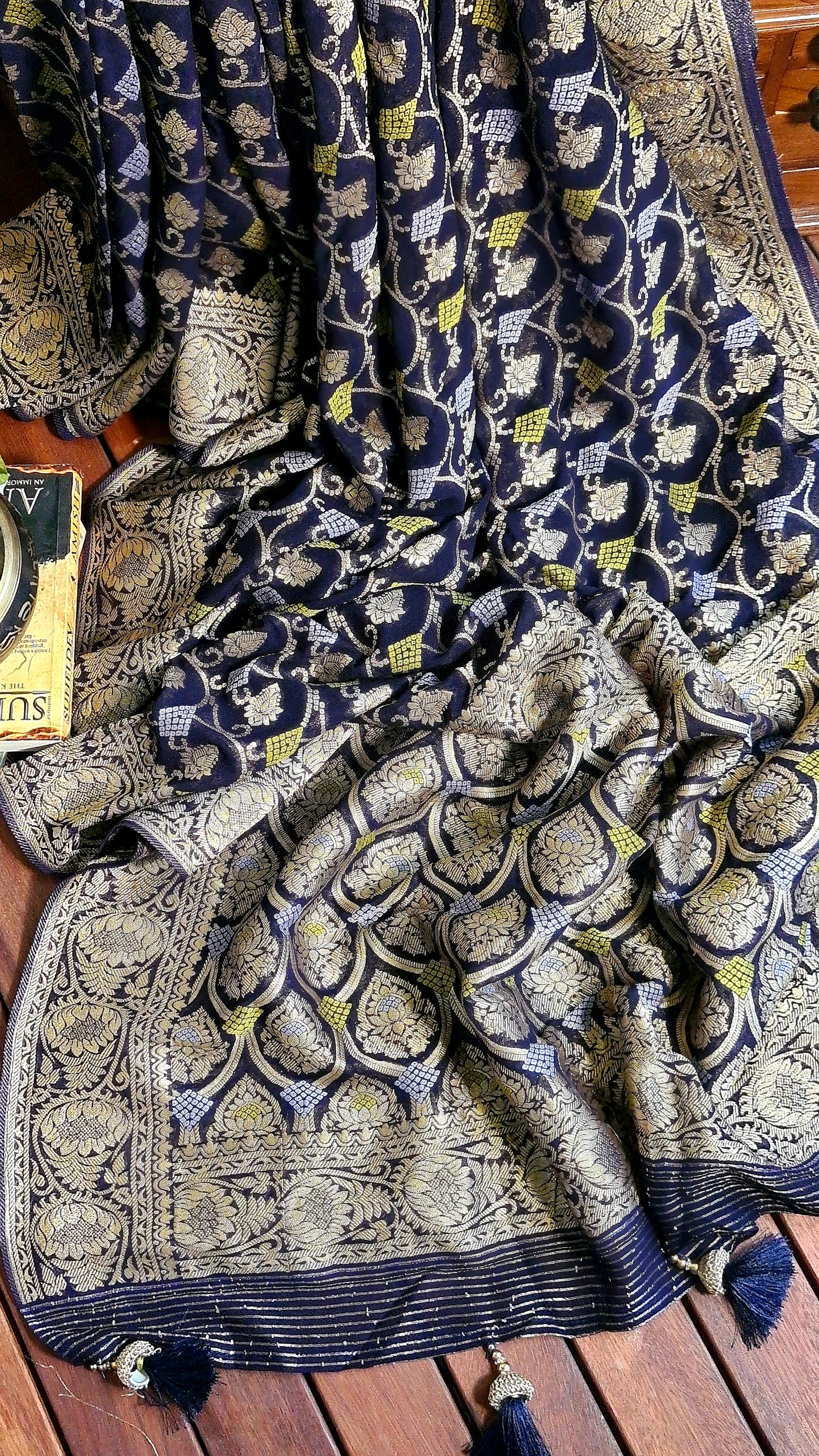 Zynah Pure Khaddi Georgette Saree with Jaal Zari Weave Inspired from Tanishq Jewellery; Custom Stitched/Ready-made Blouse, Fall, Petticoat; Shipping available USA, Worldwide