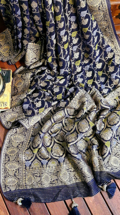 Zynah Pure Khaddi Georgette Saree with Jaal Zari Weave Inspired from Tanishq Jewellery; Custom Stitched/Ready-made Blouse, Fall, Petticoat; Shipping available USA, Worldwide