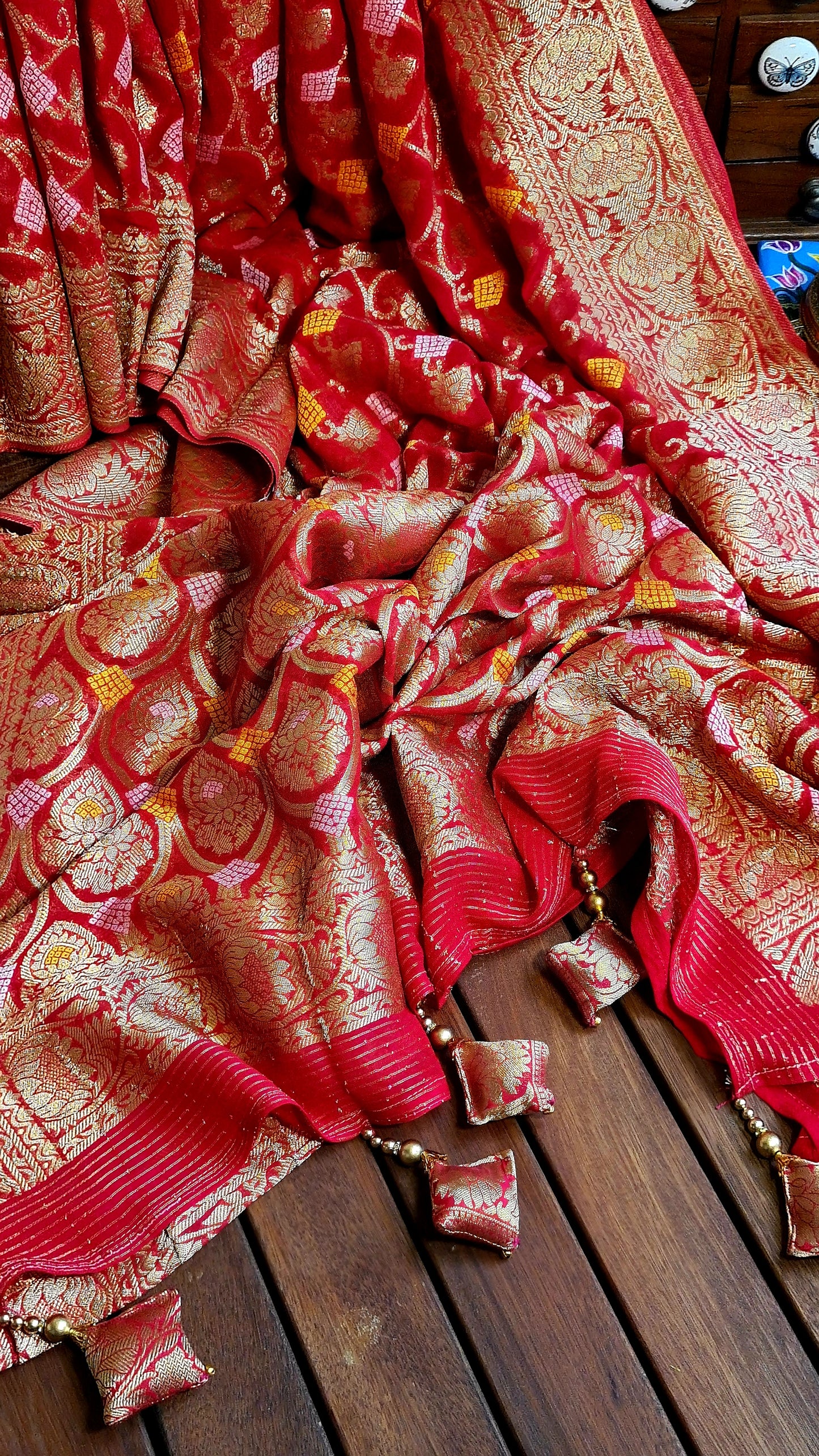 Zynah Pure Khaddi Georgette Saree with Jaal Zari Weave Inspired from Tanishq Jewellery; Custom Stitched/Ready-made Blouse, Fall, Petticoat; Shipping available USA, Worldwide