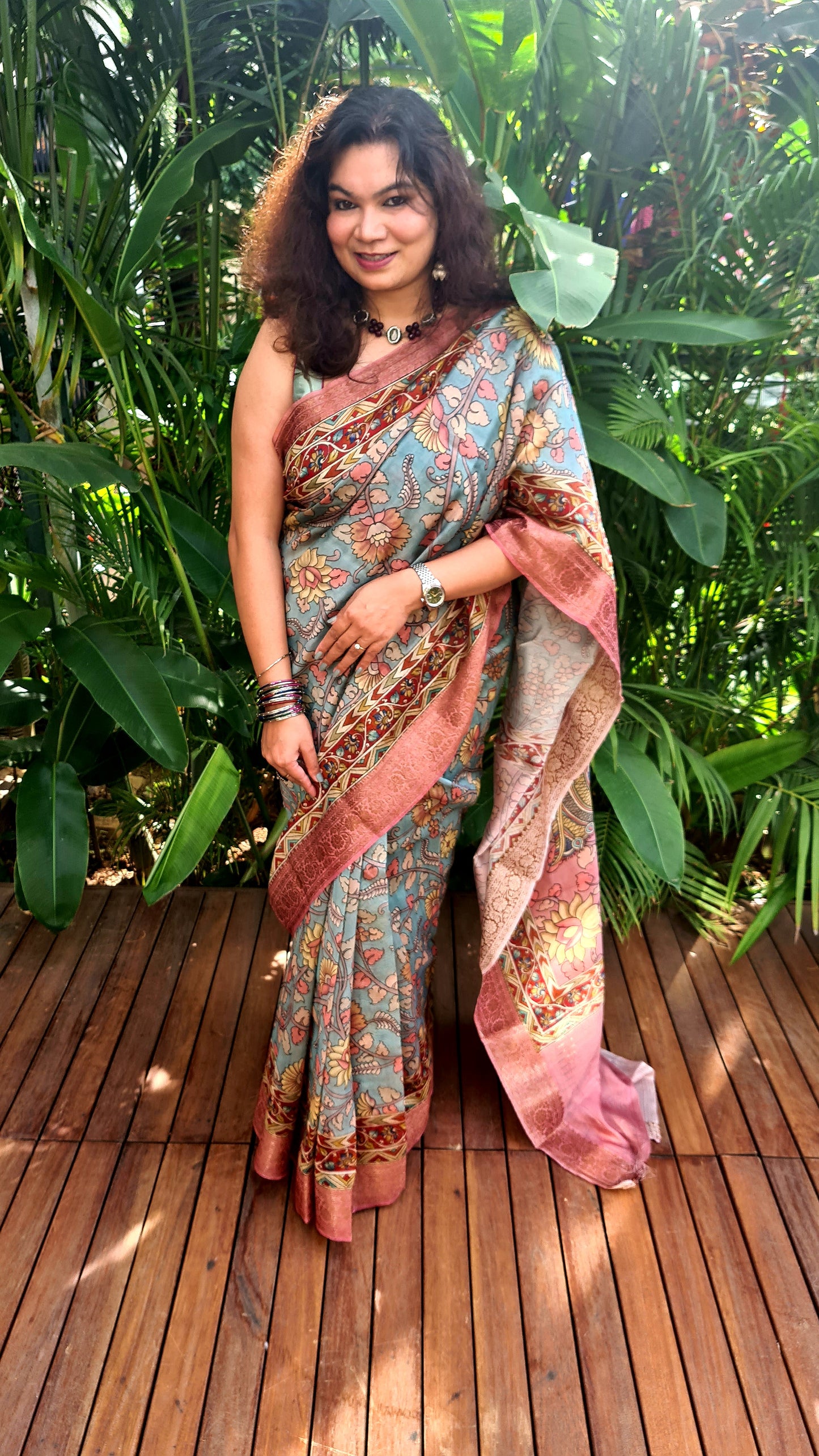 Zynah Pure Tussar Silk Saree with Kalamkari Design; Custom Stitched/Ready-made Blouse, Fall, Petticoat; Shipping available USA, Worldwide
