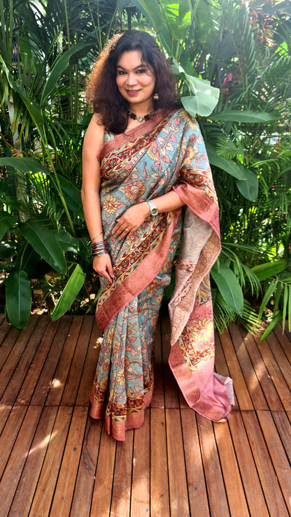 Zynah Pure Tussar Silk Saree with Kalamkari Design; Custom Stitched/Ready-made Blouse, Fall, Petticoat; Shipping available USA, Worldwide