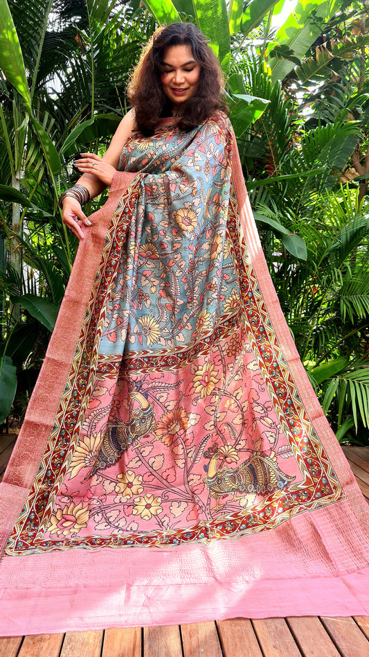 Zynah Pure Tussar Silk Saree with Kalamkari Design; Custom Stitched/Ready-made Blouse, Fall, Petticoat; Shipping available USA, Worldwide
