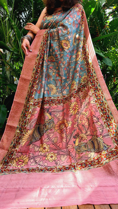 Zynah Pure Tussar Silk Saree with Kalamkari Design; Custom Stitched/Ready-made Blouse, Fall, Petticoat; Shipping available USA, Worldwide