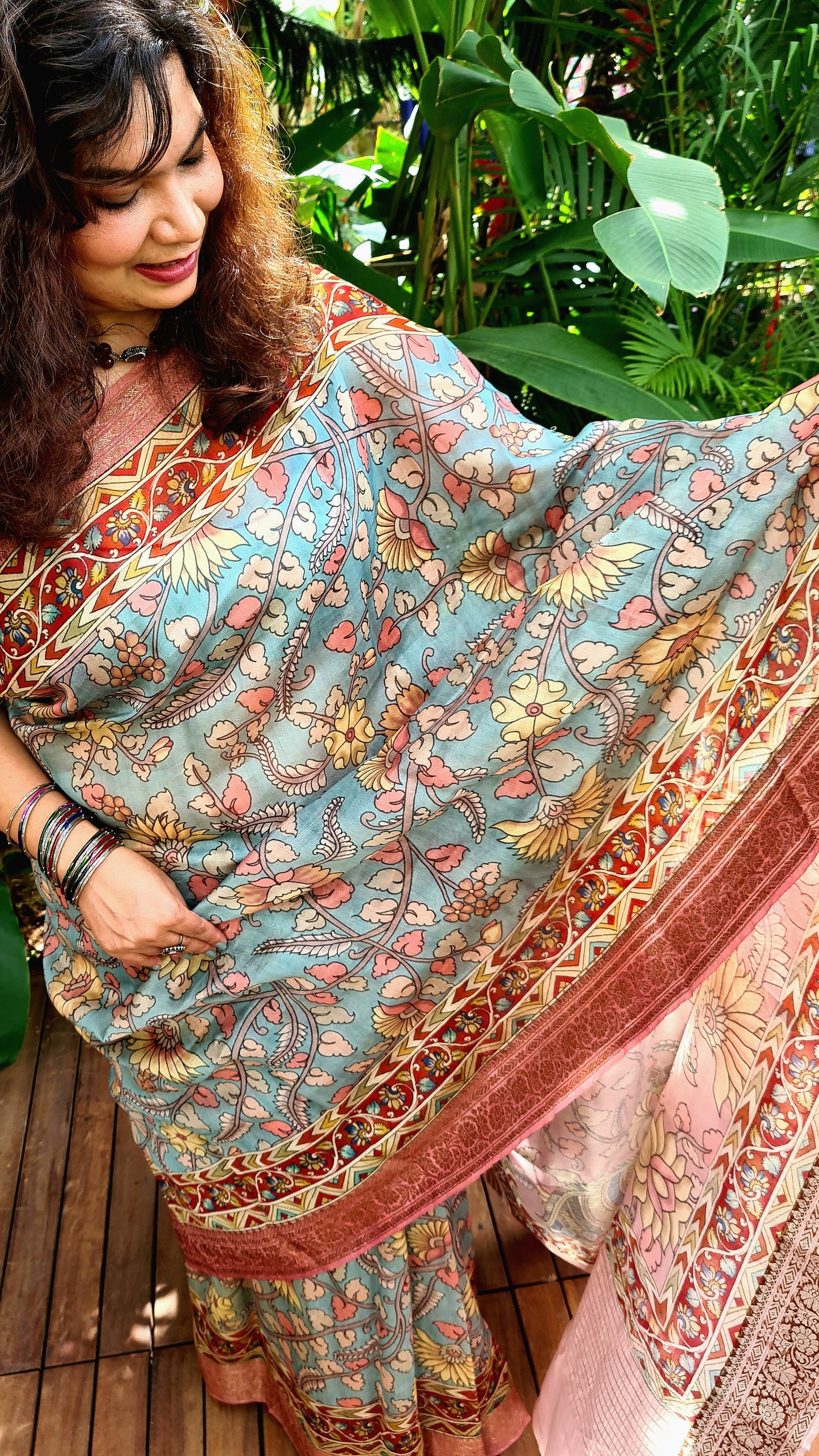 Zynah Pure Tussar Silk Saree with Kalamkari Design; Custom Stitched/Ready-made Blouse, Fall, Petticoat; Shipping available USA, Worldwide
