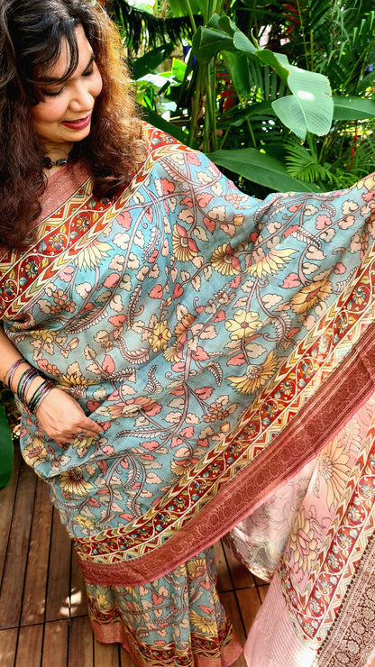 Zynah Pure Tussar Silk Saree with Kalamkari Design; Custom Stitched/Ready-made Blouse, Fall, Petticoat; Shipping available USA, Worldwide