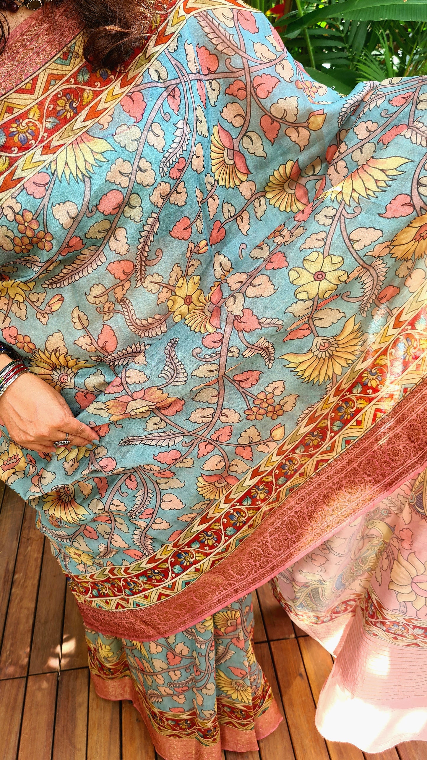 Zynah Pure Tussar Silk Saree with Kalamkari Design; Custom Stitched/Ready-made Blouse, Fall, Petticoat; Shipping available USA, Worldwide