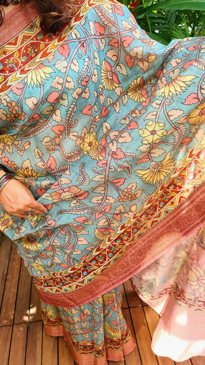 Zynah Pure Tussar Silk Saree with Kalamkari Design; Custom Stitched/Ready-made Blouse, Fall, Petticoat; Shipping available USA, Worldwide