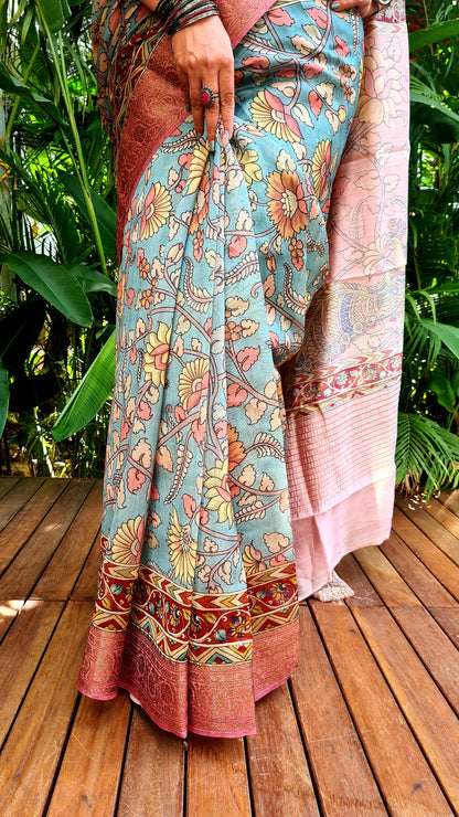 Zynah Pure Tussar Silk Saree with Kalamkari Design; Custom Stitched/Ready-made Blouse, Fall, Petticoat; Shipping available USA, Worldwide