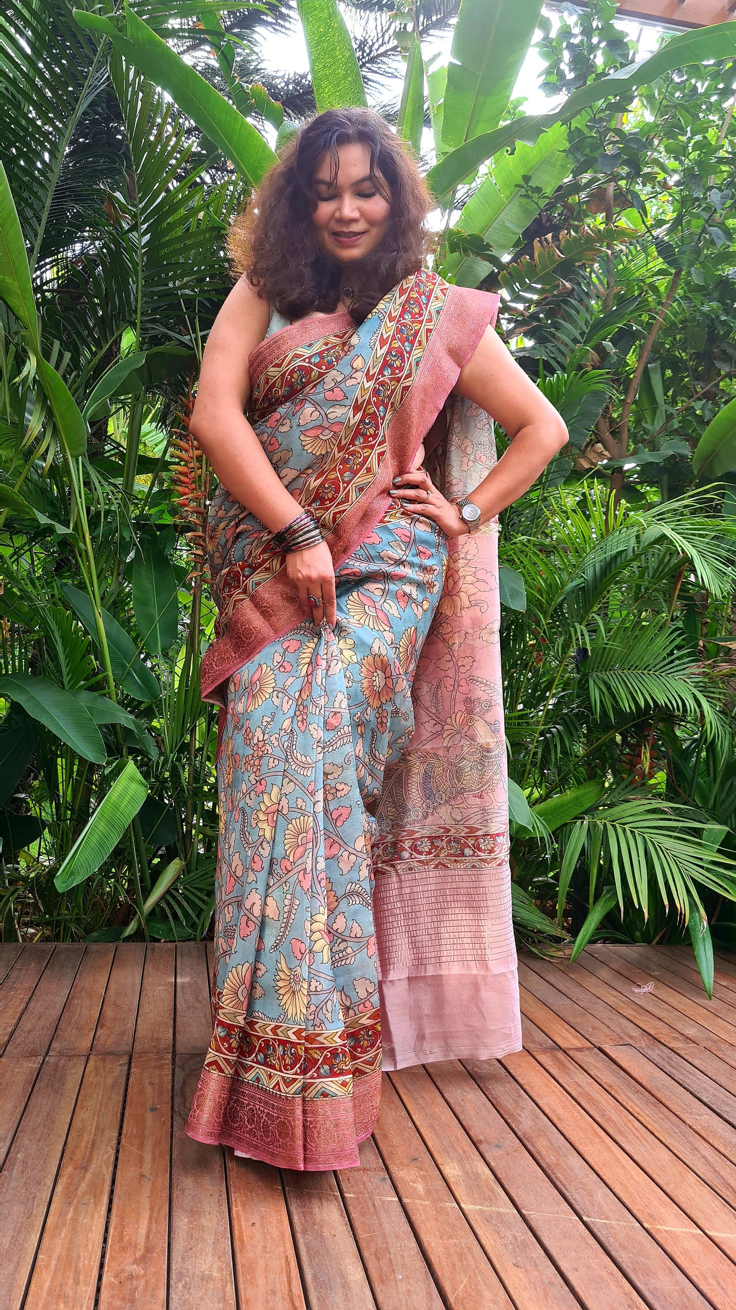 Zynah Pure Tussar Silk Saree with Kalamkari Design; Custom Stitched/Ready-made Blouse, Fall, Petticoat; Shipping available USA, Worldwide