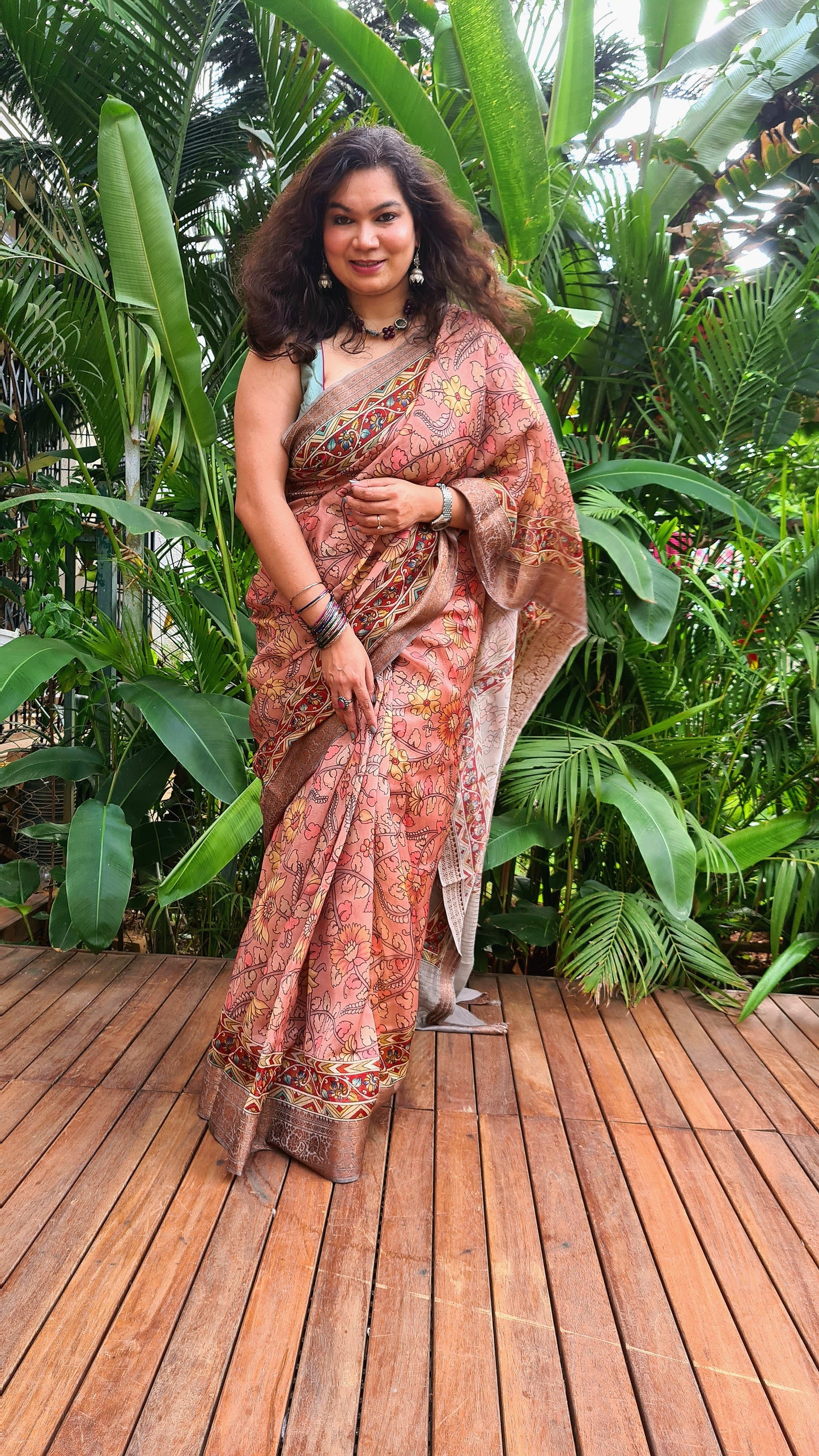 Zynah Pure Tussar Silk Saree with Kalamkari Design; Custom Stitched/Ready-made Blouse, Fall, Petticoat; Shipping available USA, Worldwide
