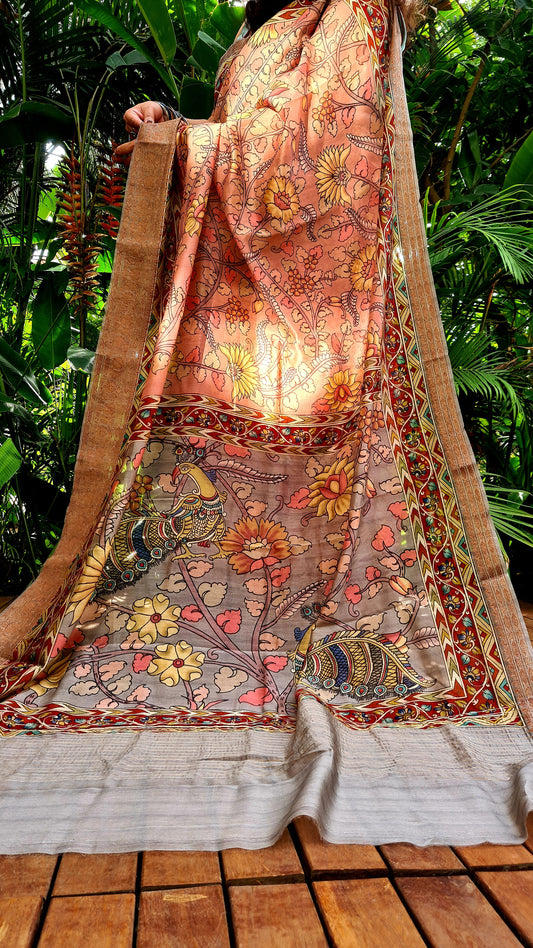 Zynah Pure Tussar Silk Saree with Kalamkari Design; Custom Stitched/Ready-made Blouse, Fall, Petticoat; Shipping available USA, Worldwide