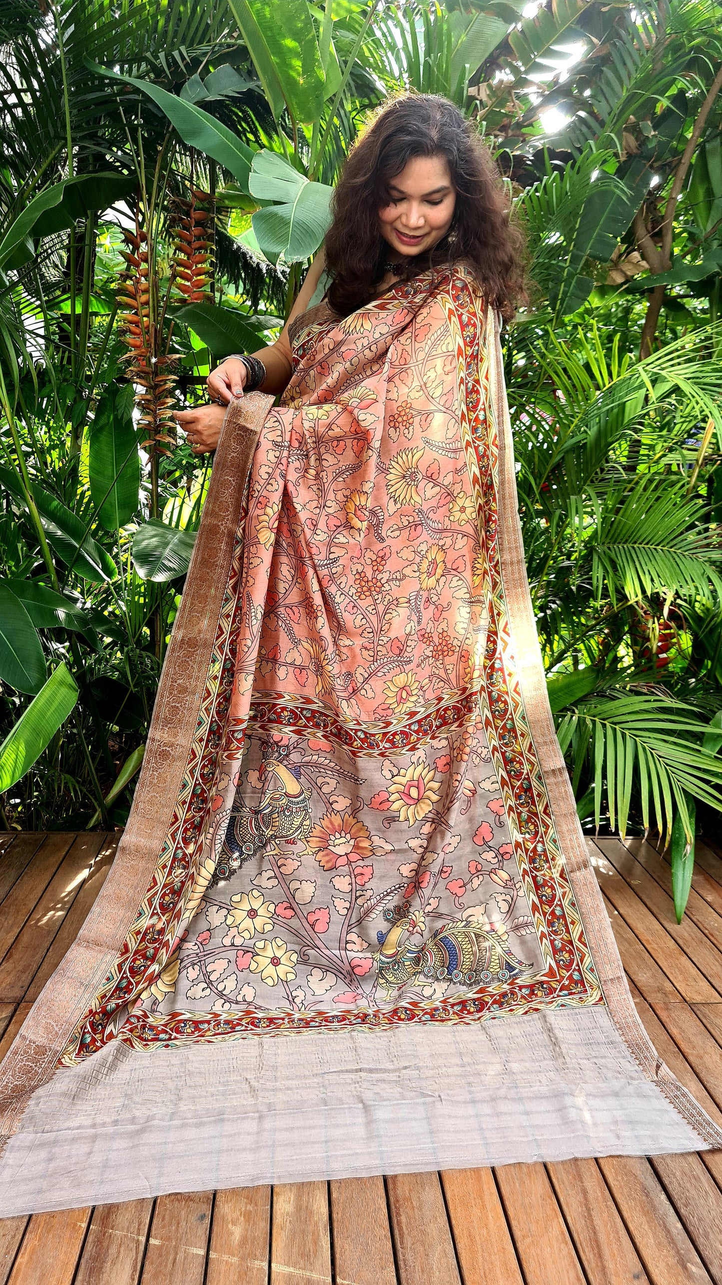 Zynah Pure Tussar Silk Saree with Kalamkari Design; Custom Stitched/Ready-made Blouse, Fall, Petticoat; Shipping available USA, Worldwide
