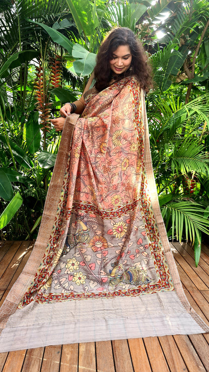 Zynah Pure Tussar Silk Saree with Kalamkari Design; Custom Stitched/Ready-made Blouse, Fall, Petticoat; Shipping available USA, Worldwide