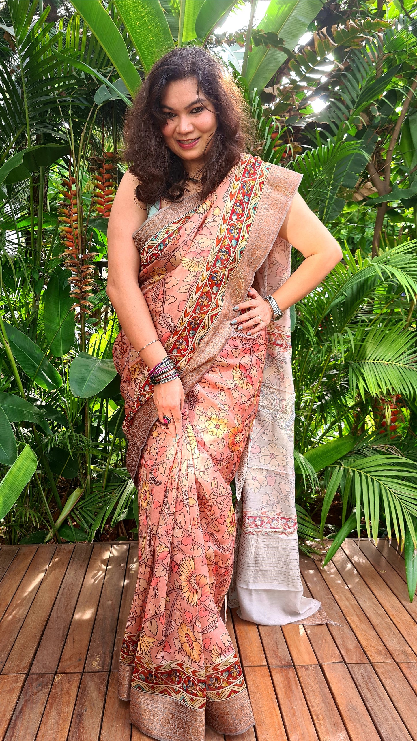 Zynah Pure Tussar Silk Saree with Kalamkari Design; Custom Stitched/Ready-made Blouse, Fall, Petticoat; Shipping available USA, Worldwide