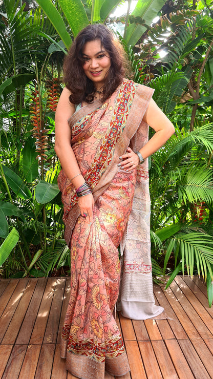 Zynah Pure Tussar Silk Saree with Kalamkari Design; Custom Stitched/Ready-made Blouse, Fall, Petticoat; Shipping available USA, Worldwide