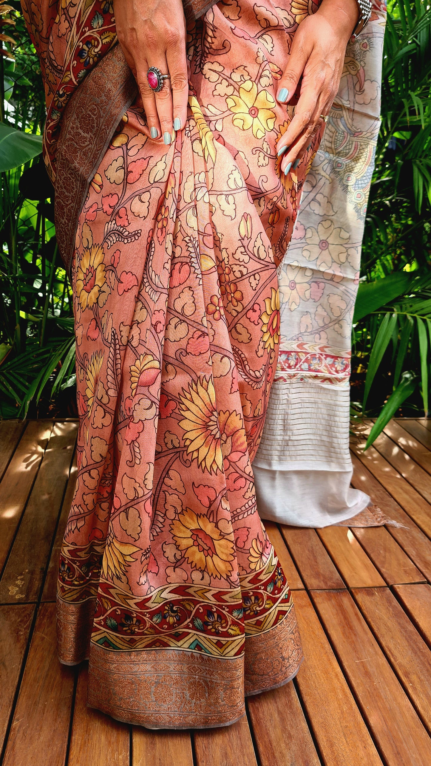 Zynah Pure Tussar Silk Saree with Kalamkari Design; Custom Stitched/Ready-made Blouse, Fall, Petticoat; Shipping available USA, Worldwide
