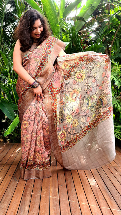 Zynah Pure Tussar Silk Saree with Kalamkari Design; Custom Stitched/Ready-made Blouse, Fall, Petticoat; Shipping available USA, Worldwide