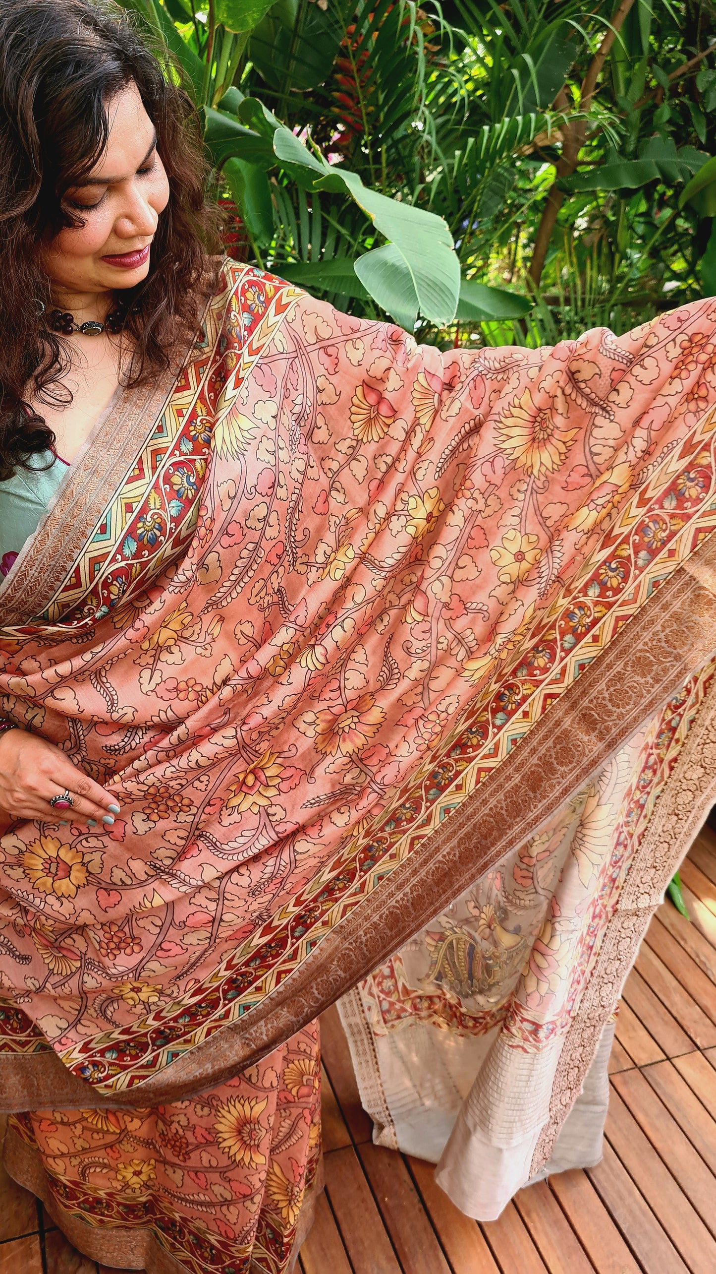 Zynah Pure Tussar Silk Saree with Kalamkari Design; Custom Stitched/Ready-made Blouse, Fall, Petticoat; Shipping available USA, Worldwide