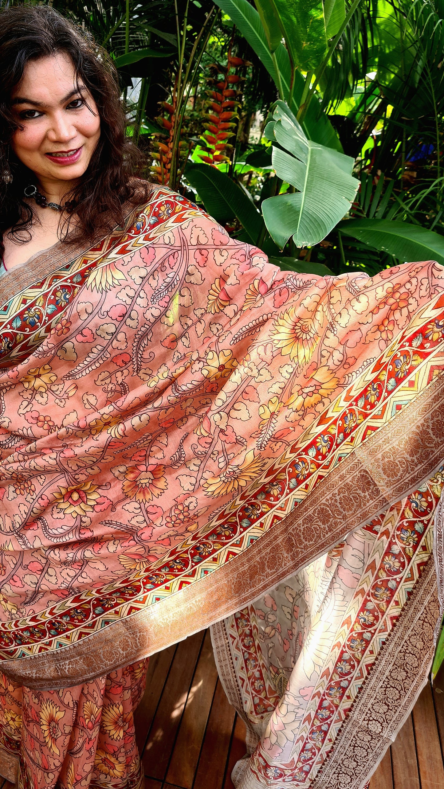 Zynah Pure Tussar Silk Saree with Kalamkari Design; Custom Stitched/Ready-made Blouse, Fall, Petticoat; Shipping available USA, Worldwide
