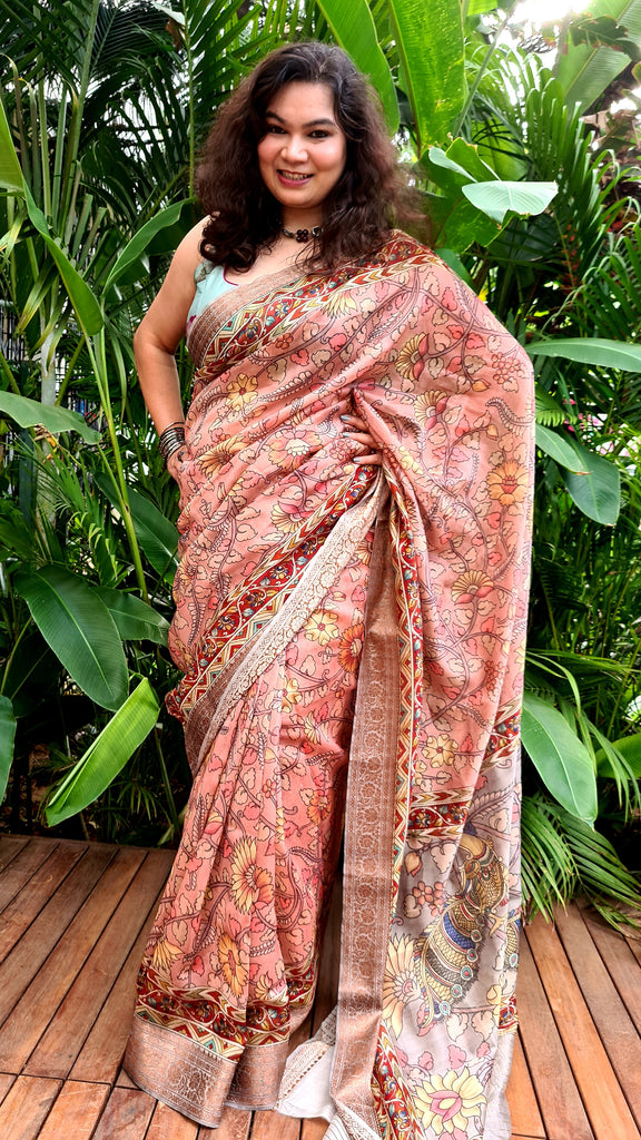 Zynah Pure Tussar Silk Saree with Kalamkari Design; Custom Stitched/Ready-made Blouse, Fall, Petticoat; Shipping available USA, Worldwide