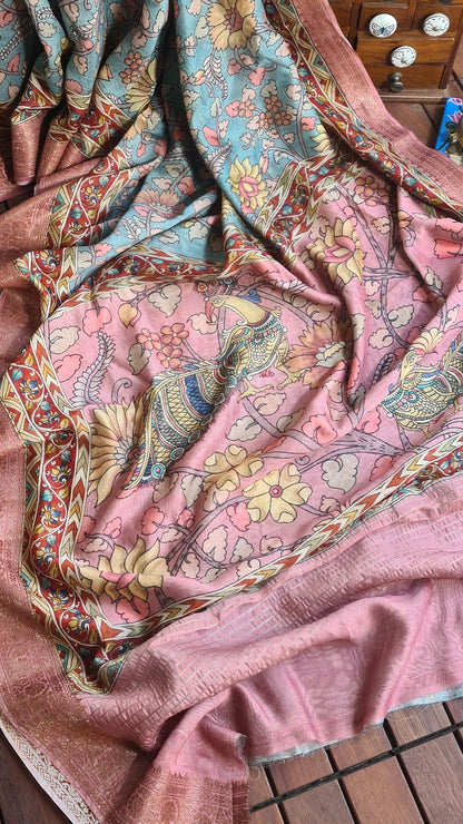 Zynah Pure Tussar Silk Saree with Kalamkari Design; Custom Stitched/Ready-made Blouse, Fall, Petticoat; Shipping available USA, Worldwide