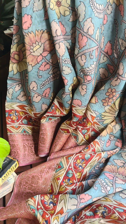 Zynah Pure Tussar Silk Saree with Kalamkari Design; Custom Stitched/Ready-made Blouse, Fall, Petticoat; Shipping available USA, Worldwide