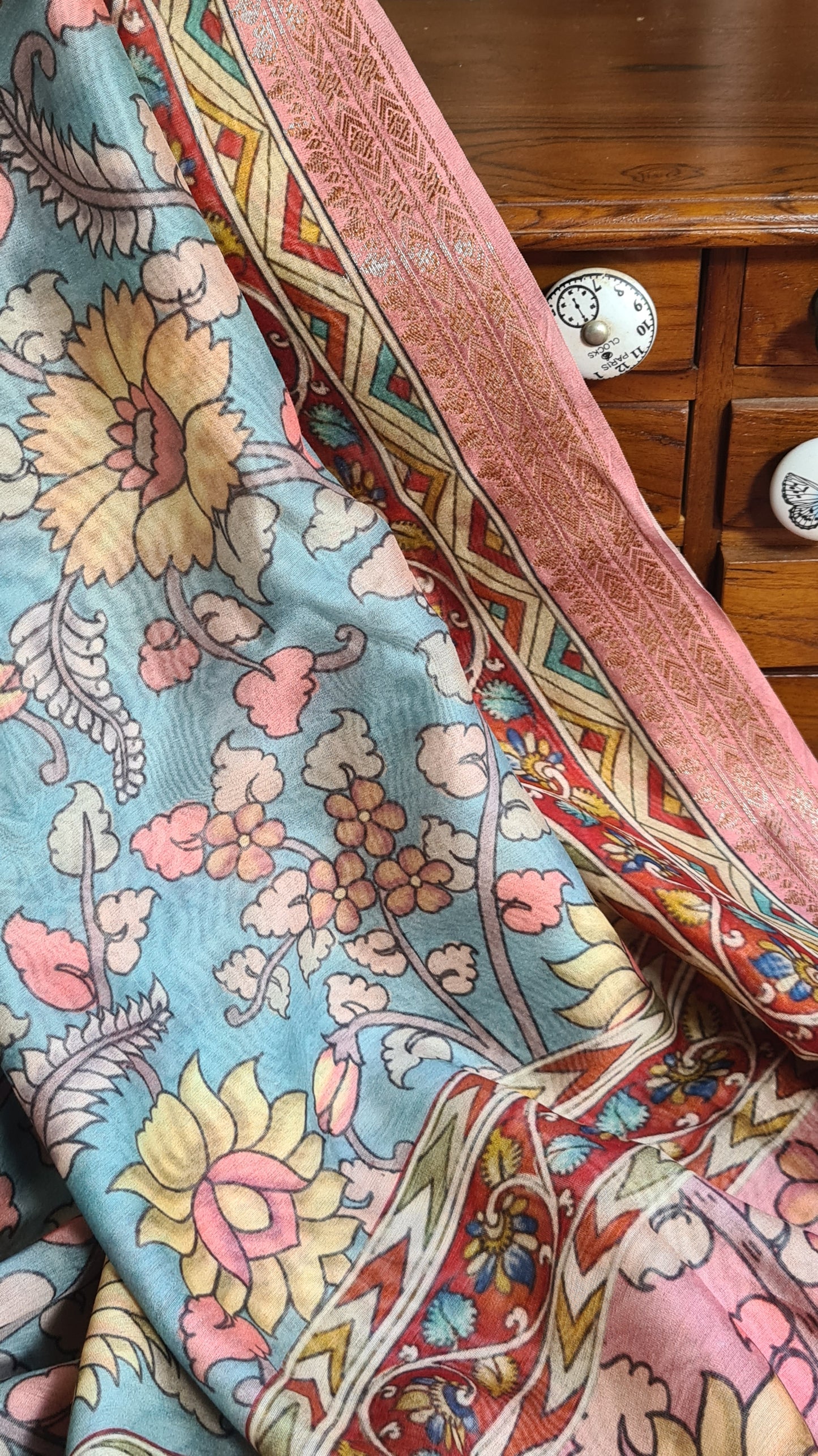 Zynah Pure Tussar Silk Saree with Kalamkari Design; Custom Stitched/Ready-made Blouse, Fall, Petticoat; Shipping available USA, Worldwide