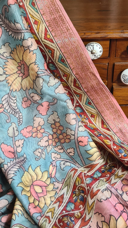 Zynah Pure Tussar Silk Saree with Kalamkari Design; Custom Stitched/Ready-made Blouse, Fall, Petticoat; Shipping available USA, Worldwide