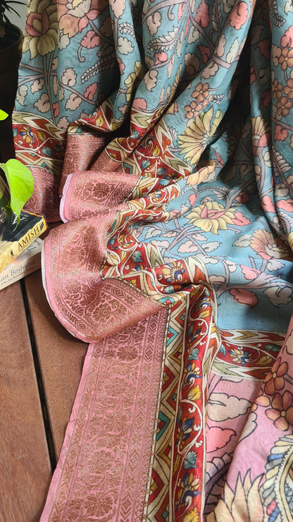 Zynah Pure Tussar Silk Saree with Kalamkari Design; Custom Stitched/Ready-made Blouse, Fall, Petticoat; Shipping available USA, Worldwide