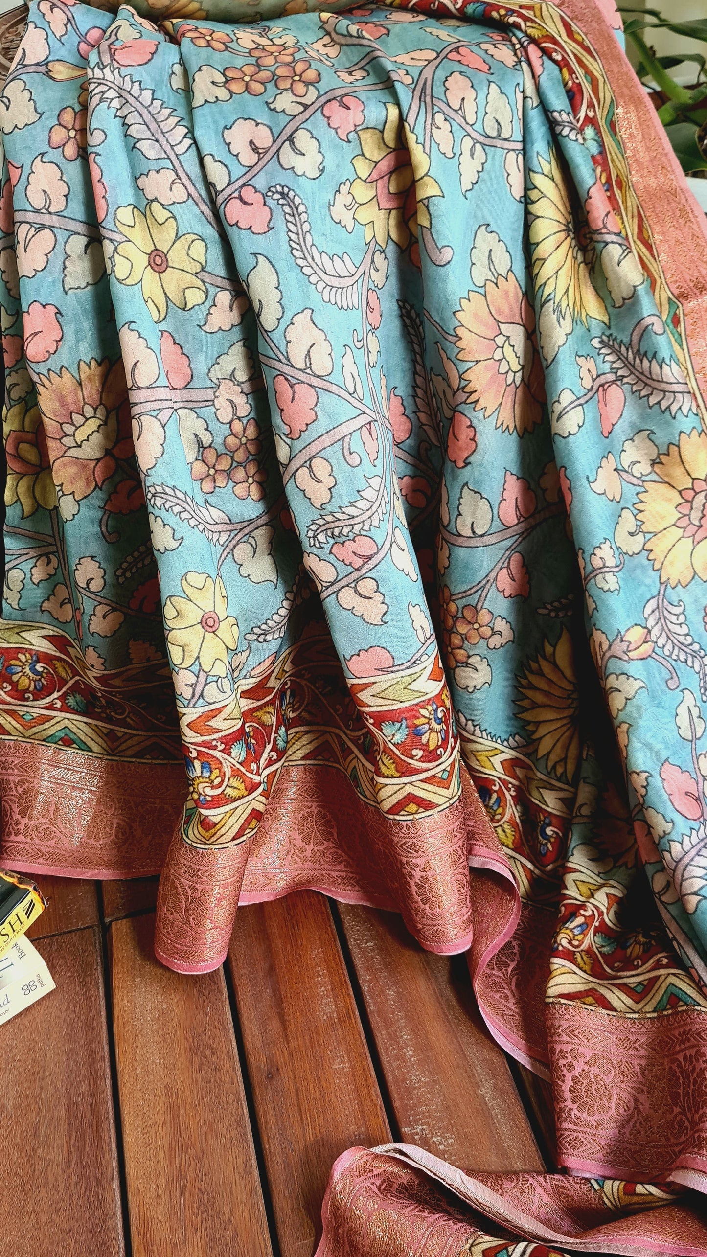 Zynah Pure Tussar Silk Saree with Kalamkari Design; Custom Stitched/Ready-made Blouse, Fall, Petticoat; Shipping available USA, Worldwide