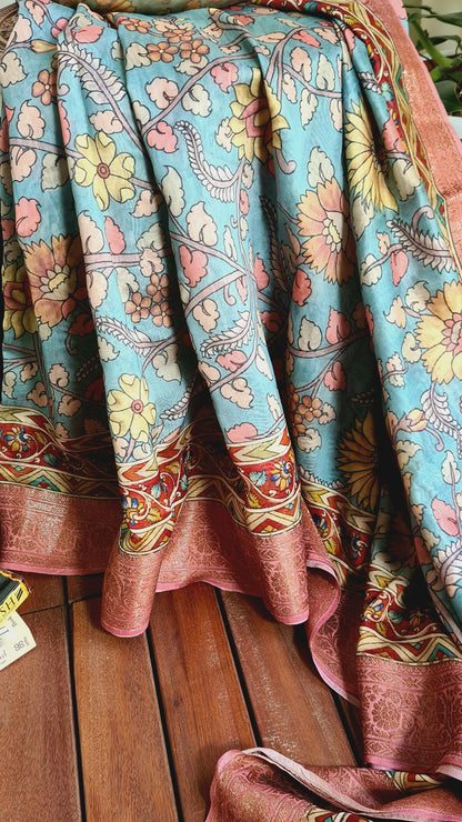 Zynah Pure Tussar Silk Saree with Kalamkari Design; Custom Stitched/Ready-made Blouse, Fall, Petticoat; Shipping available USA, Worldwide