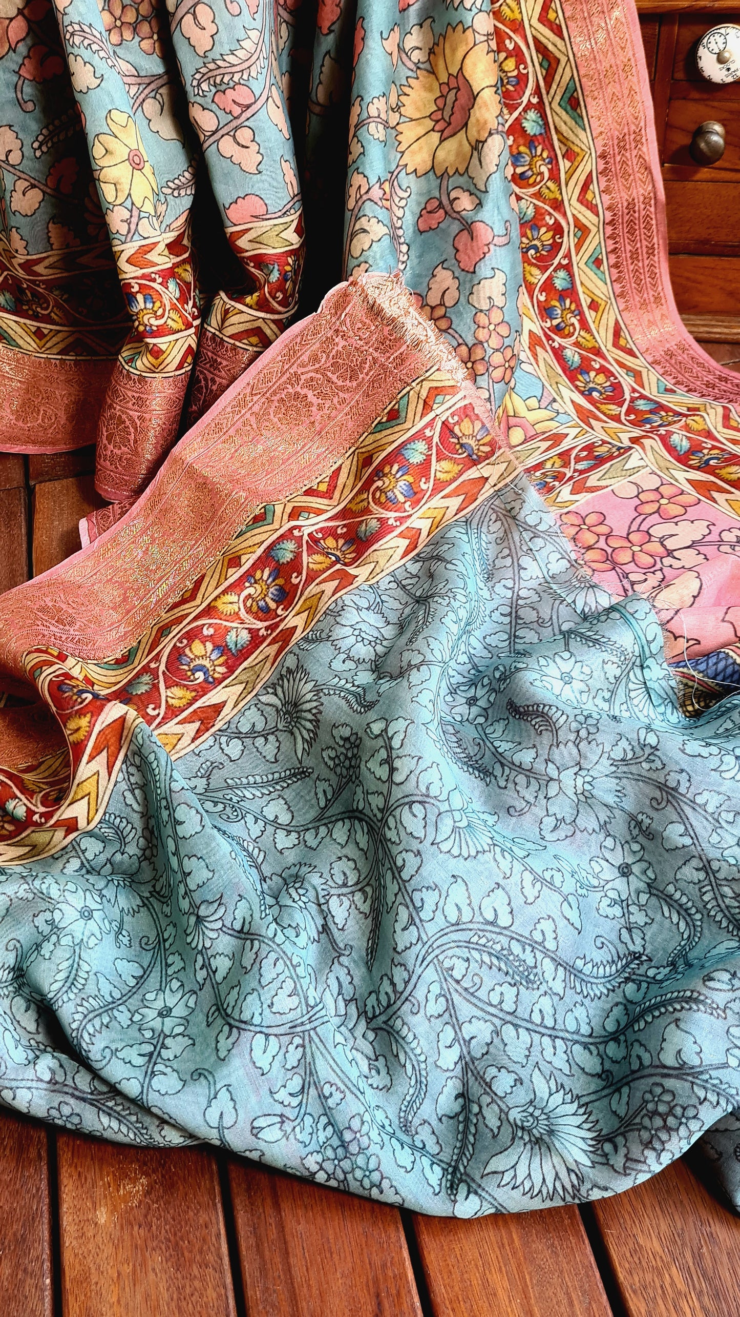 Zynah Pure Tussar Silk Saree with Kalamkari Design; Custom Stitched/Ready-made Blouse, Fall, Petticoat; Shipping available USA, Worldwide